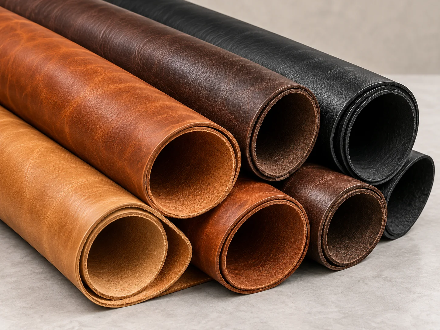 Rolled genuine leather materials in brown and black finishes